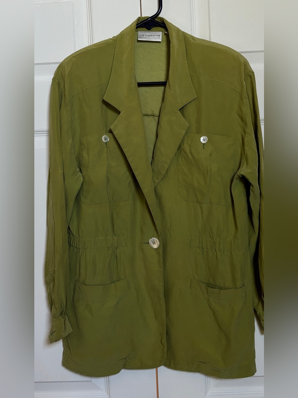 Liz Claiborne Petite 100% Silk Olive Green Jacket Utility Pockets Size PS